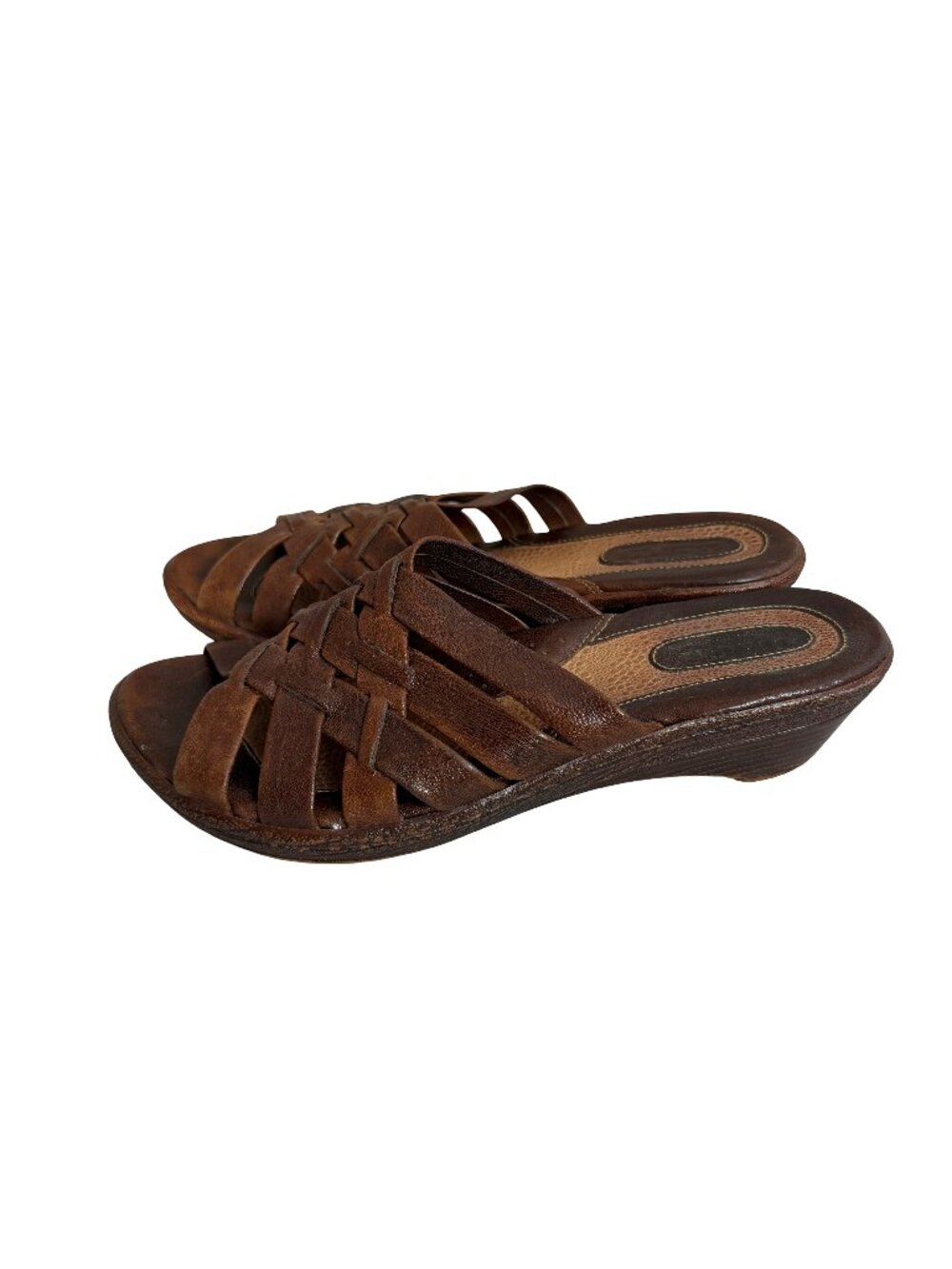 Born Brown Woven Leather Wedge Slide Sandals Open Toe Basketweave Size 7 Women's